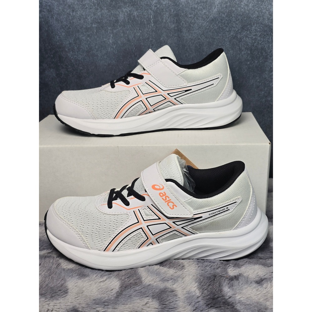 NWT Asics Contend 9 Pre School Sneakers White Orange Hook Loop Size 3